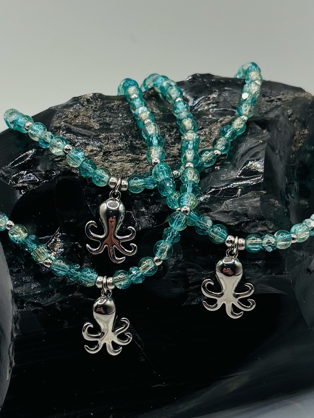 *ANKLET* S. Steel Silver Octopus with Crystal Stretchy Anklet